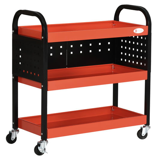 DURHAND Workshop Trolley Servant Trolley 3-Level Tool Cart with Shelves, Hanging Boards, Load Up to 100 Kg, Workshop Trolley for Garage, Warehouse, DIY Tools, Red