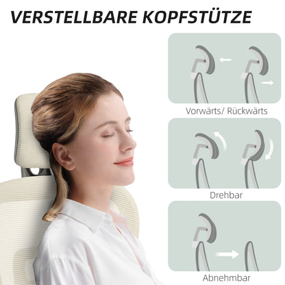 Bureaustoel – Ergonomische Stoel – Kantoorstoel – Draaistoel – Computerstoel – Ademend Mesh Stof – Verstelbare Hoogte en Rugleuning – Inklapbare Armleuningen – Met Hoofdsteun – Beige