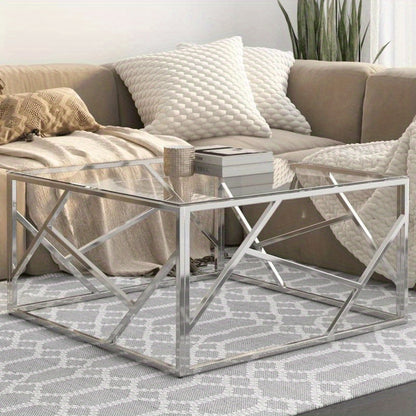 Salontafel – Bijzettafel – Woonkamertafel – Koffietafel – Tafeltje – Roestvrijstaal Frame – Gehard Glas – Zilverkleurig – Stevig & Duurzaam – Compact Formaat