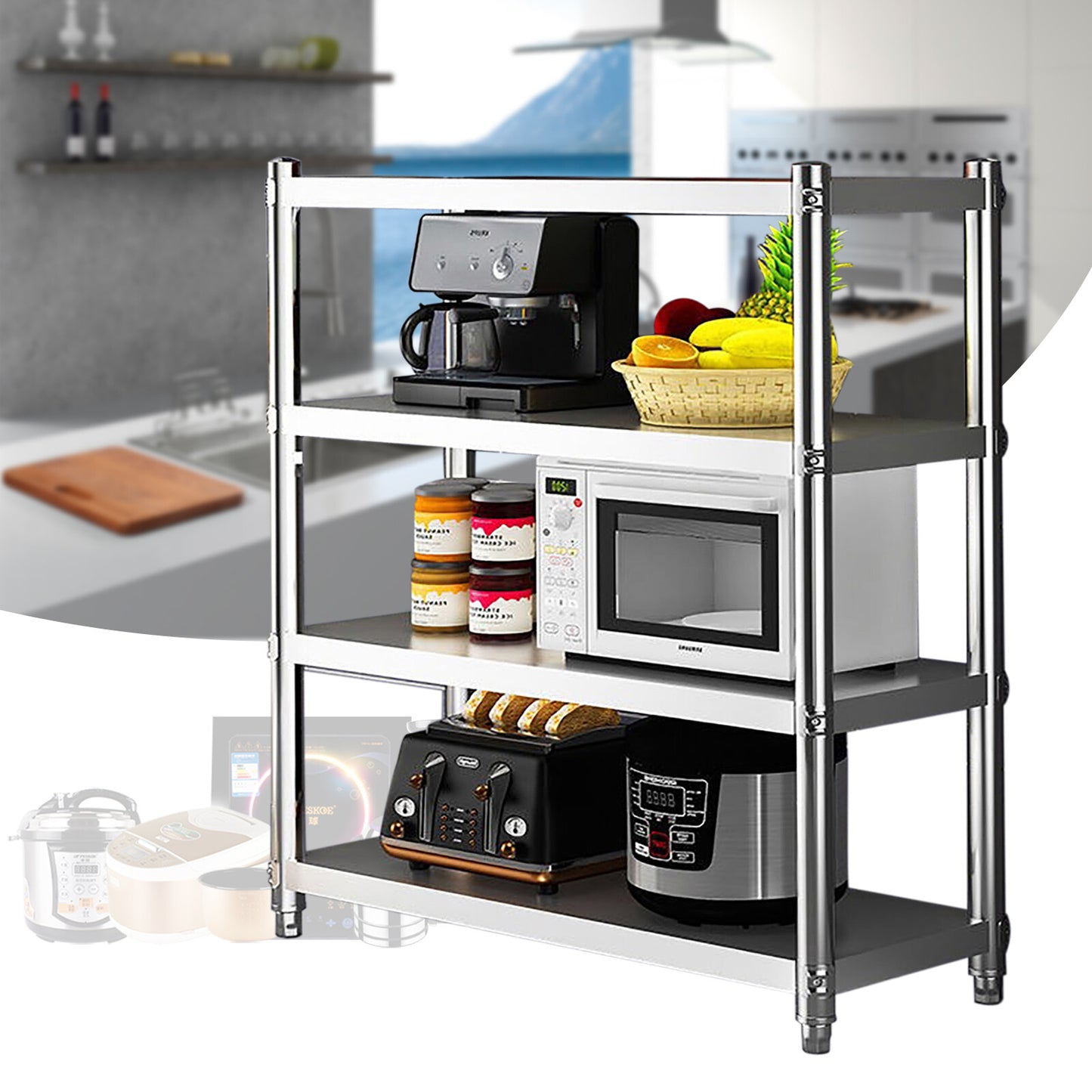 Keukenrek – Opbergrek – Gootsteenkast Organizer – Keukentrolley – Keukenorganizer – RVS Staal – 4 Niveaus – Max. 50 kg Draagvermogen