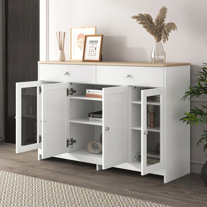 Dressoir – Sideboard – Opbergkast – Kast – Commode – Wit Houtnerf – Glasdeuren & Lades – MDF & Hardhout – Vrijstaand