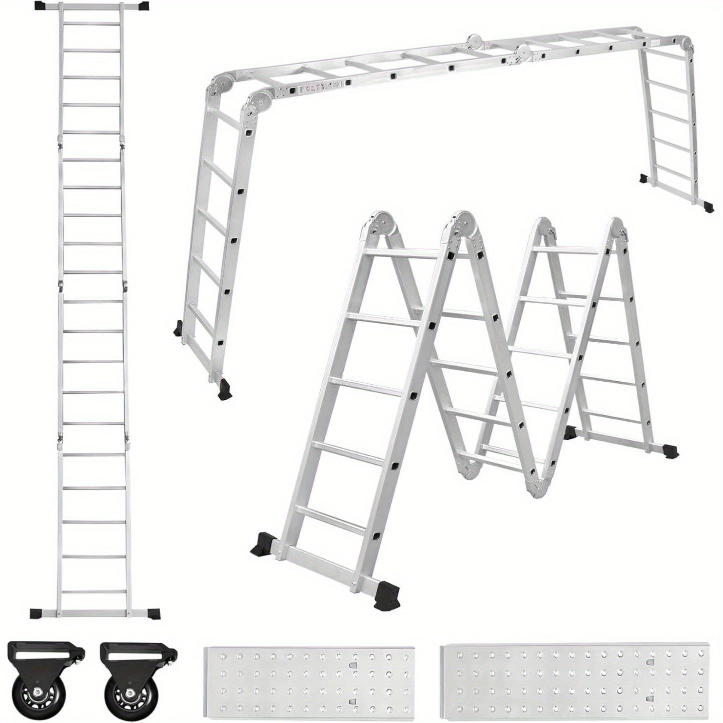 Multifunctionele Ladder – Aluminium Ladder – Vouwladder – Steigerladder – Werkplatform Ladder – 580cm 4x5 Sprossen – Lichtgewicht & Met 2 Afneembare Werkplatforms en Wielen