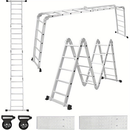 Multifunctionele Ladder – Aluminium Ladder – Vouwladder – Steigerladder – Werkplatform Ladder – 580cm 4x5 Sprossen – Lichtgewicht & Met 2 Afneembare Werkplatforms en Wielen