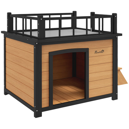 Hondenhok – Hondenhuis – Hondenkennel – Buitenhok – Hondenverblijf – Weerbestendig Hout – Met Dakterras 121x77x78 cm – Zwart/Geel