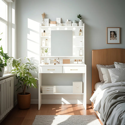 Dressing Table with Mirror And LED Light, Accessory Storage, Adjustable Brightness, Dressing Table with Shelves And 2 Drawers, Jewelry Cabinet, for Bedroom, Living Room, 40 X 80 X 149cm, White - QUORE