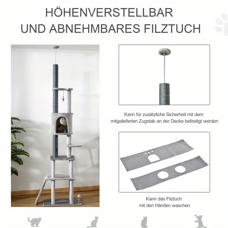 Krabpaal – Krabmeubel – Kattenpaal – Klimpaal – Krabton – Extra Hoog 225,5 cm – Verstelbare Hoogte – Stevige Basis – Lichtgrijs – Ruimtebesparend Design – Met Sisal Krabvlakken – Speeltoestellen