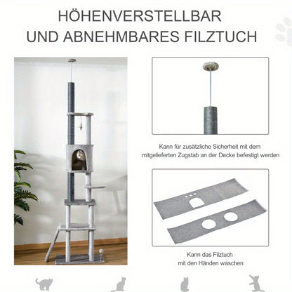 Krabpaal – Krabmeubel – Kattenpaal – Klimpaal – Krabton – Extra Hoog 225,5 cm – Verstelbare Hoogte – Stevige Basis – Lichtgrijs – Ruimtebesparend Design – Met Sisal Krabvlakken – Speeltoestellen