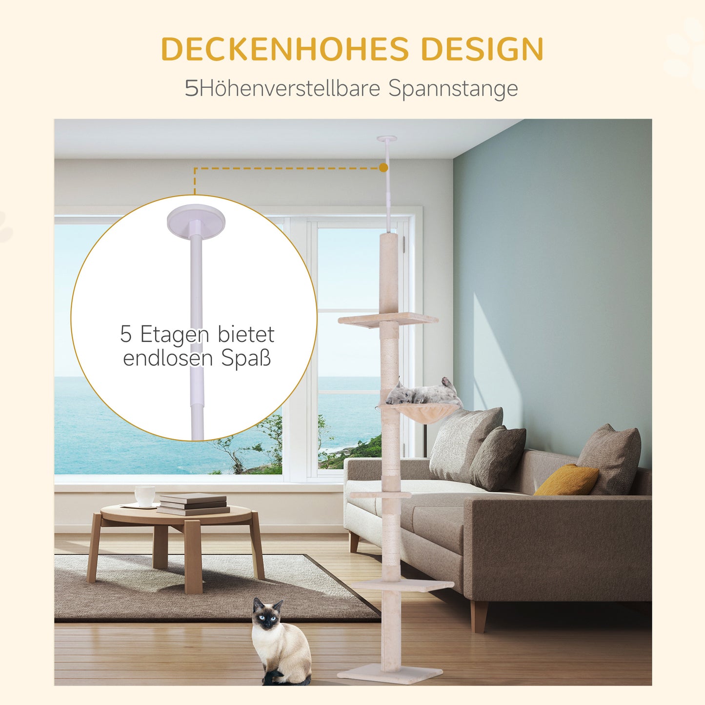 Krabpaal – Krabboom – Kattenboom – Klimpaal – Kattenmeubel – Verstelbaar 230-260 cm – Stevig Sisal Ontwerp Beige