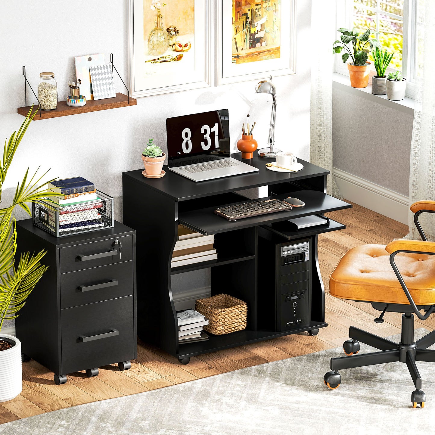 Computerbureau – Bureau Met Wieltjes – Mobiel Bureau – Werktafel – Laptoptafel – Zwart – Compact Formaat 80x48x75 cm – Ingebouwde Opbergruimte