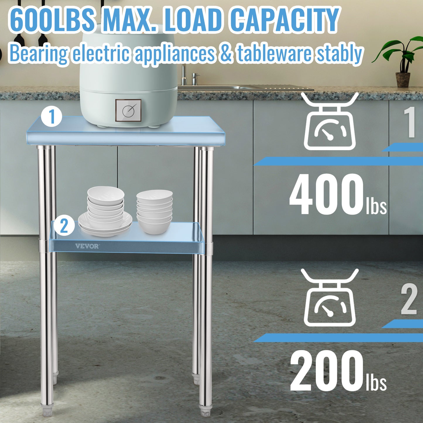 RVS Werktafel – Roestvrijstalen Werkbank – Metalen Werktafel – Keukentafel – Werkbank Garage – 61x46x91 cm – 272 kg Draagvermogen – Verstelbare Onderplank & Poten