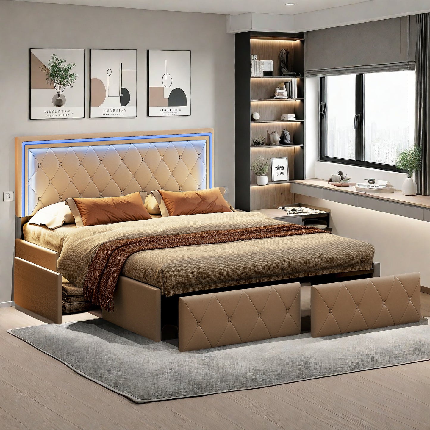 Tweepersoonsbed – Bedframe – Opbergbed – Led Bed – Slaapkamerbed – 160x200 cm – PU Leder Bekleding – Ingebouwde USB Oplaadpoorten
