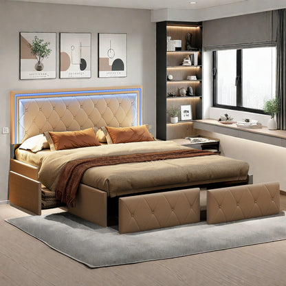 Tweepersoonsbed – Bedframe – Opbergbed – Led Bed – Slaapkamerbed – 160x200 cm – PU Leder Bekleding – Ingebouwde USB Oplaadpoorten