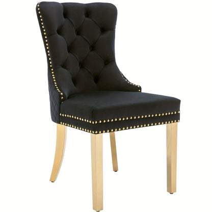 2pcs Elegant Dining Chairs with Golden-Tone Nailhead Trim & Golden-Plated Stainless Steel Legs - Upholstered Backrest, Round Pulls, Classic Modern Design