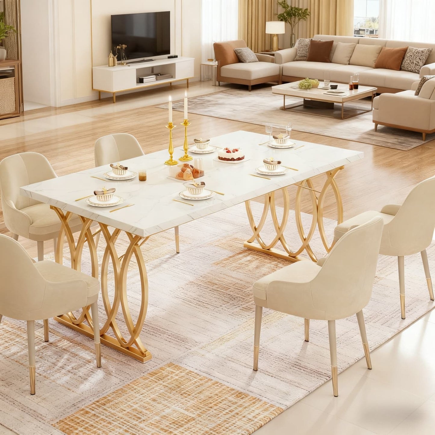 Eettafel – Tafel – Keukentafel – Dinertafel – Tafeltje – Rechthoekig – Wit Faux Marmeren Blad – Gouden Geometrische Poten – 160x80 cm – Geschikt voor 4-6 Personen