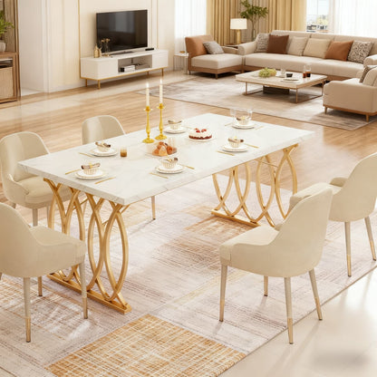 Eettafel – Tafel – Keukentafel – Dinertafel – Tafeltje – Rechthoekig – Wit Faux Marmeren Blad – Gouden Geometrische Poten – 160x80 cm – Geschikt voor 4-6 Personen