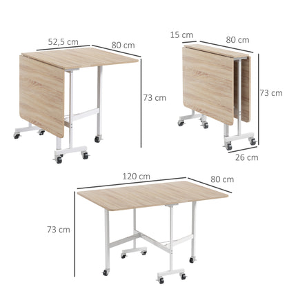 Inklapbare eettafel – opklapbare tafel – vouwtafel – klaptafel – eettafel voor kleine ruimtes – met wieltjes en stalen poten – 120 x 80 x 73 cm – geschikt voor 4-6 personen – eiken decor