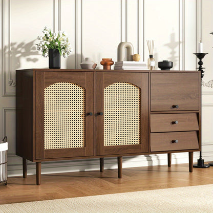 Dressoir – Sideboard – Opbergkast – Kast – Buffetkast – Landelijke Stijl – Rieten Deuren – Magnetische Sluiting – Verstelbare Legplanken – 130 x 75,5 x 40 cm – Stevige Constructie