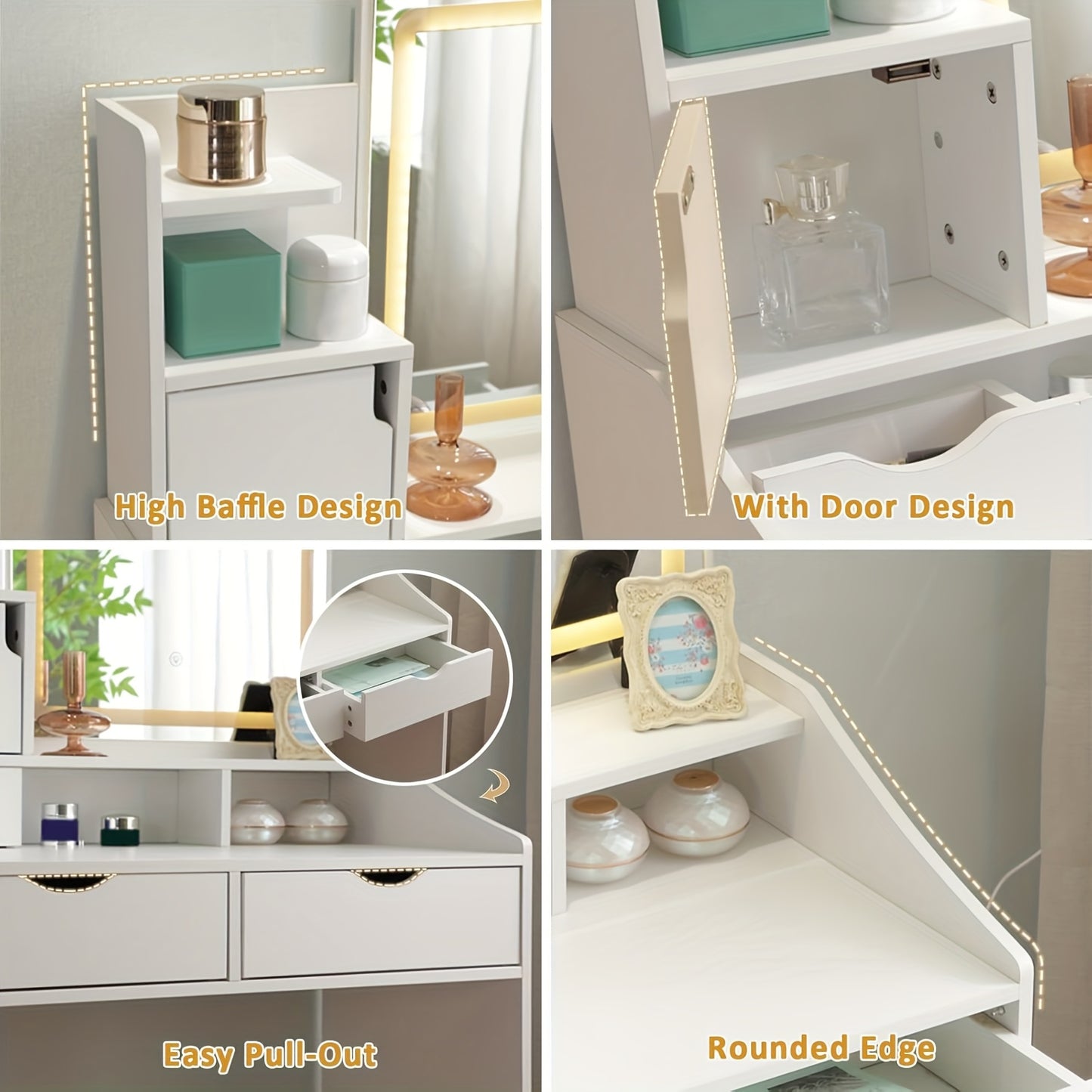 Make-up Tafel – Schminktafel – Kaptafel – Dressingspiegel – Vanity Desk – Wit MDF – 2 Lades en Open Planken – Compact en Stevig Design