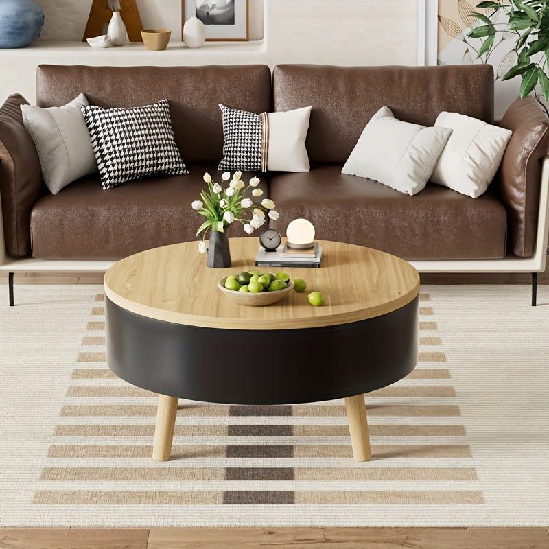 Salontafel – Woonkamer Tafel – Bijzettafel – Koffietafel – Sofa Tafel – Verstelbare Hoogte – Verbergde Opbergruimte – Rond – Zwart – 73x73x44,3 cm – Stevig Metaalframe
