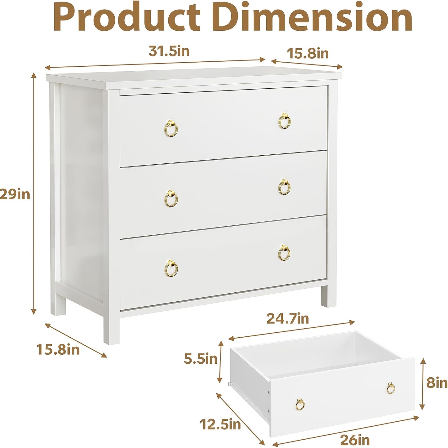 Modern 3-Drawer Dresser - Tall Freestanding Chest of Drawers with Non-Wood Storage Cabinet, Easy Assembly, Space-Saving Vertical Organizer Suitable for Bedroom, Living Room, Hallway - 80.01cm Wide 3.2+ Cubic Feet