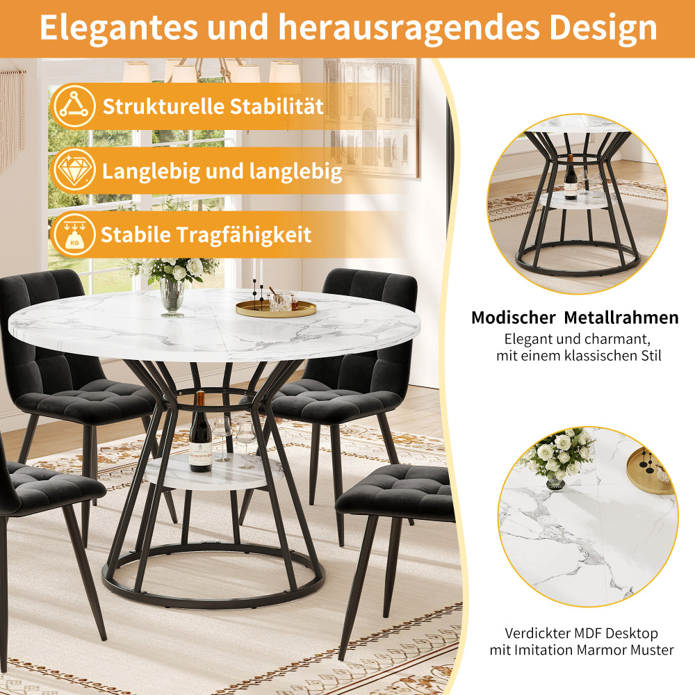 Ronde Eettafel – Ronde Tafel – Eettafel Rond – Diner Tafel – Woonkamer Tafel – Marmeren MDF Blad – Geschikt Voor 4-6 Personen – Lichtgewicht En Luxe – Wit Goud Kleurvariant