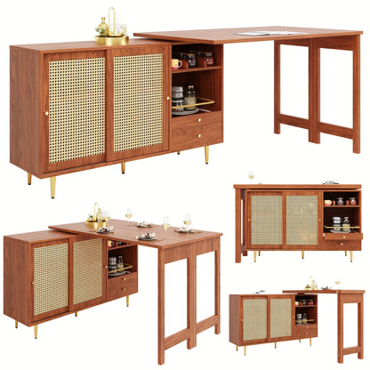 Bartafel – Bartafelset – Statafel – Keukentafel – Bistrotafel – 360° Draaibaar – Uitschuifbaar Ontwerp – Hout & MDF – Rattan Opbergruimte – Bruin – Compacte Afmetingen (107x40x71,4 cm)