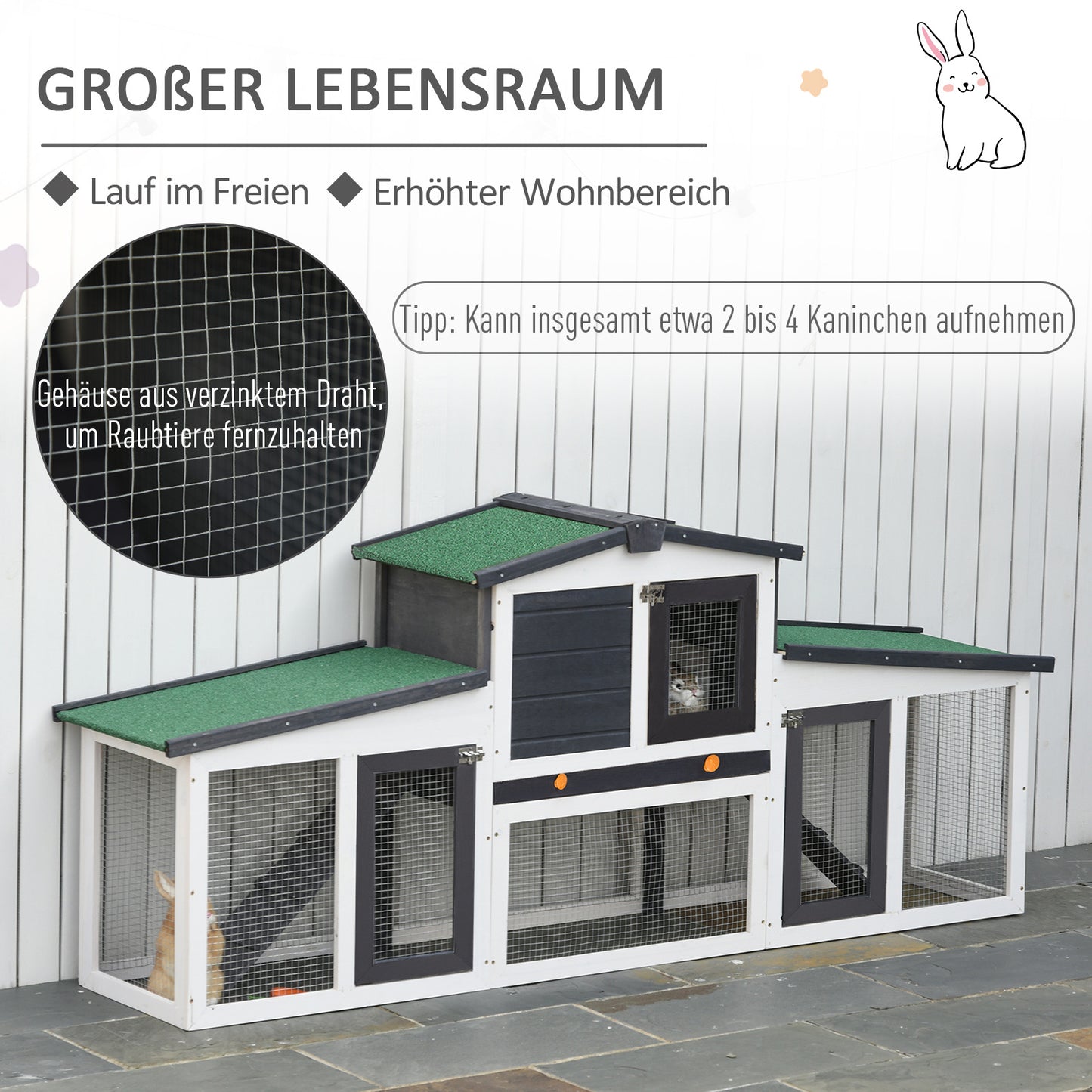 Buitenverblijf Kleine Huisdieren – Dierenren – Knaagdierkooi – Houten Konijnenhok – Caviaverblijf – Wit Groen – Weerbestendig Vurenhout – Twee Ruime Buitenrennen