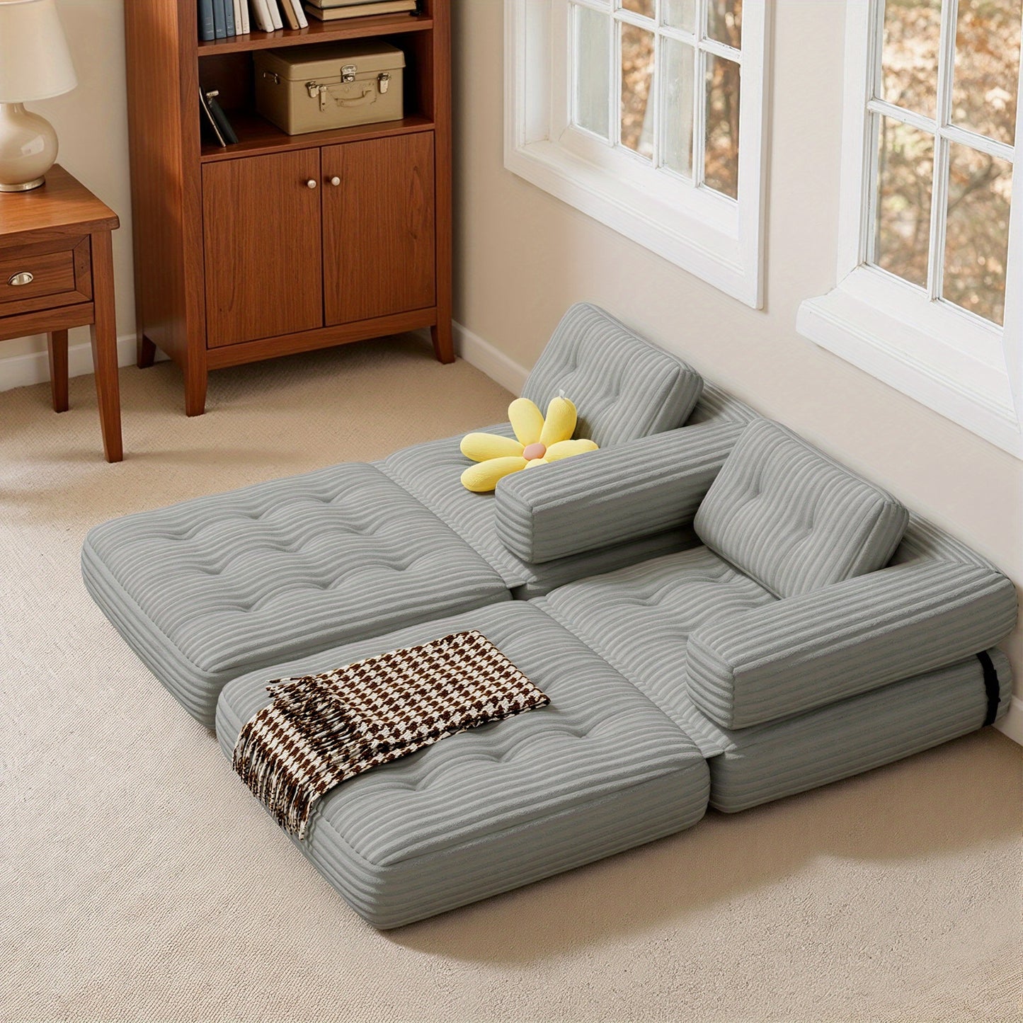 2-in-1 Relaxfauteuil – Lounge Stoel – Fauteuil Met Rugleuning – Zitfauteuil – Slaapstoel – Beige Kleur – Pluche Kussens – Antislip Basis