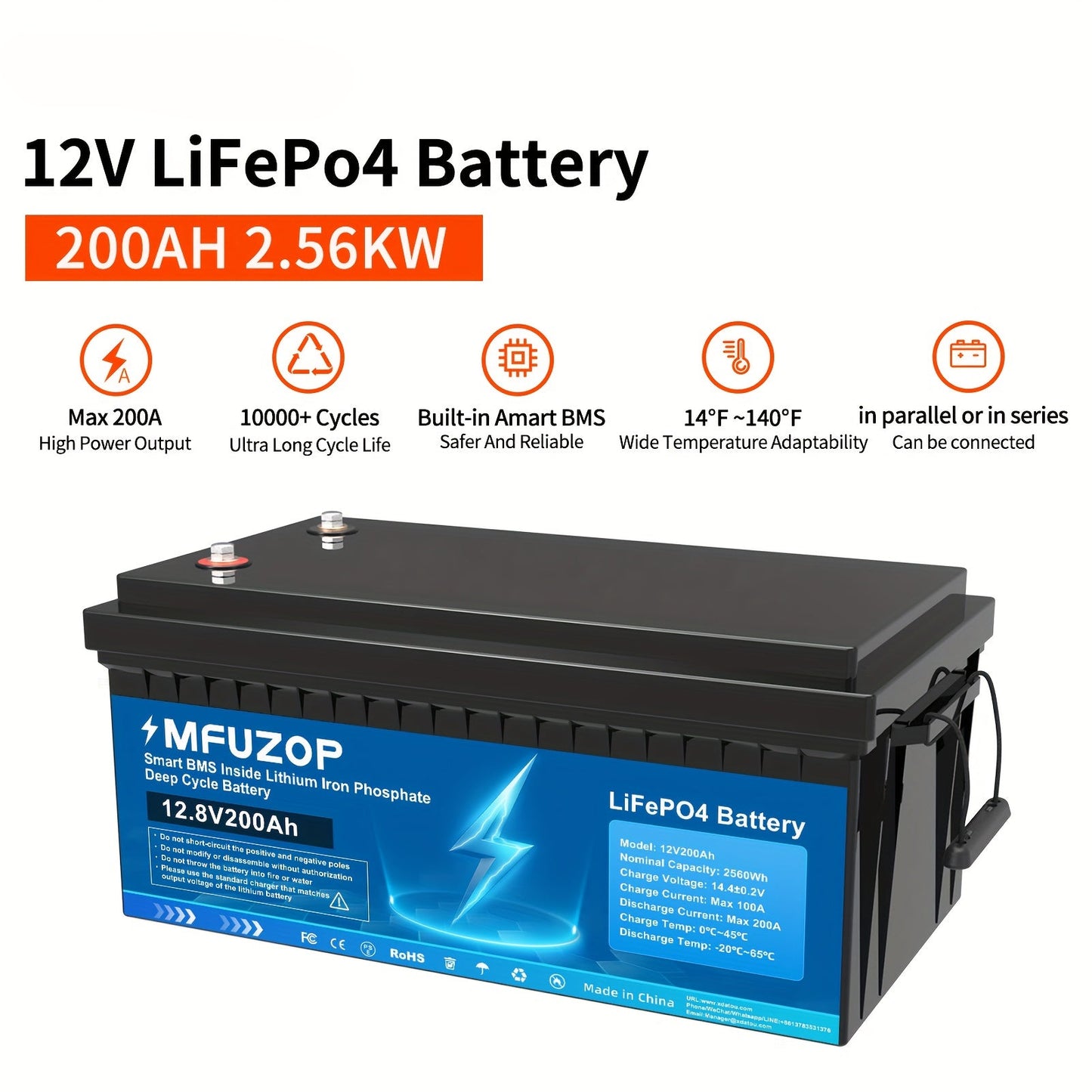 Lithium accu – Lithium-ion batterij – LiFePO4 accu – 12V 200Ah accu – Diepe cyclus accu – Geïntegreerd 200A BMS – 15.000+ laadcycli