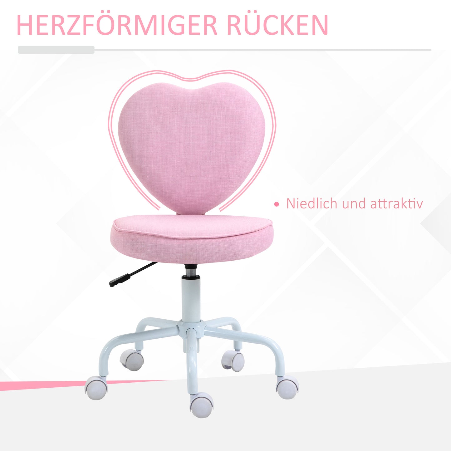 Bureaustoel – Kinderstoel – Draaistoel – Bureau Stoel – Meisjesstoel – Roze Hartvormige Rugleuning – Verstelbare Hoogte 79-89 cm – Ademende Linnen Bekleding