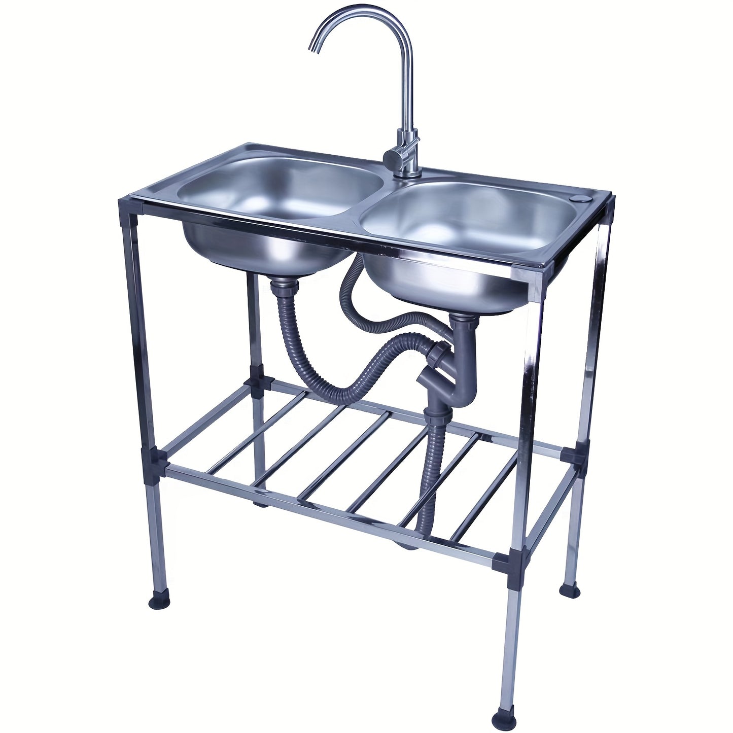 Double Sink Stainless Steel Kitchen Sink with Hot And Cold Water Faucet Independent Sink 2 Basins Camping And Garden Sink with Drainage Kit Multifunctional Mobile Sink