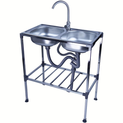 Double Sink Stainless Steel Kitchen Sink with Hot And Cold Water Faucet Independent Sink 2 Basins Camping And Garden Sink with Drainage Kit Multifunctional Mobile Sink