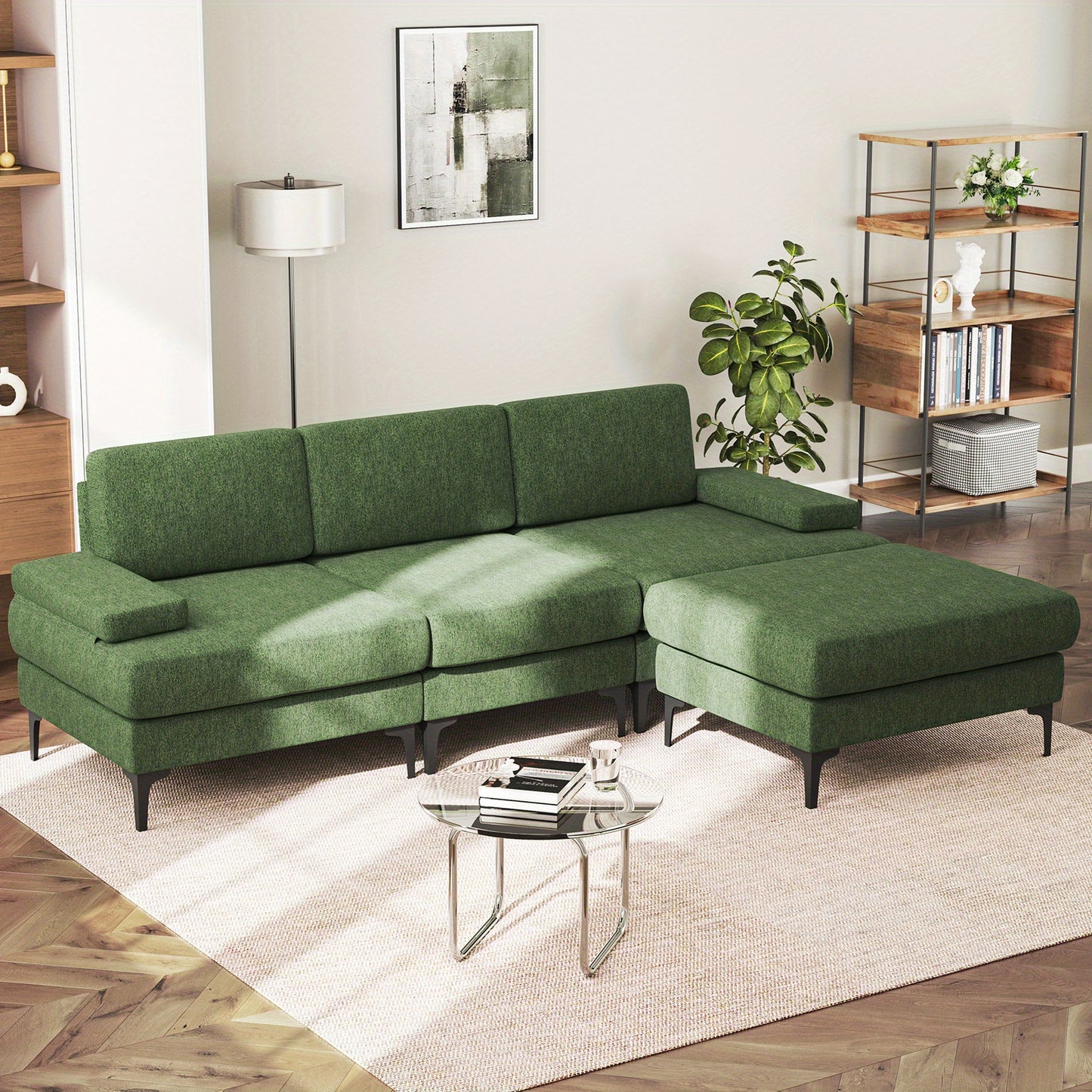 Hoekbank – 3-zitsbank – L-vormige bank – Sectional sofa – Loungeset – Verwijderbare opberghocker – Hardhouten frame – Makkelijk schoon te maken stof
