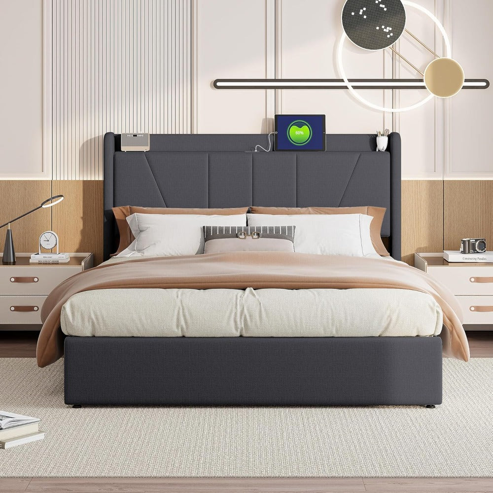 Tweepersoonsbed – Opbergbed – Bedframe – Linnen Bed – Stalen Frame – 140x200 cm – Met Hydraulische Opbergruimte – Stevige Steun