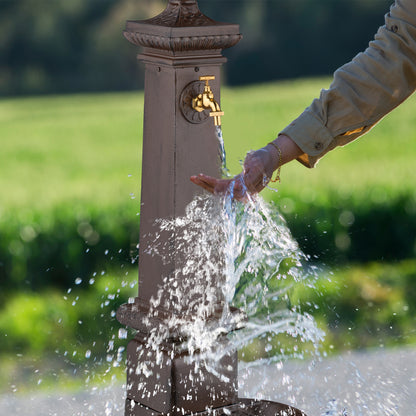 Waterzuil – Tuinkraan – Buitenkraan – Waterfontein – Antieke Tuinkraan – Donkerbruin Met Gouden Kraan – Gietaluminium En Staal – 100 Cm Hoog
