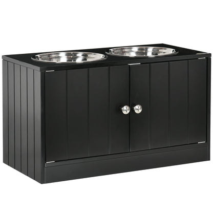 Hondenvoerstation – Voederstation – Voerbak – Hondenbak – Hondenvoerplek – Verhoogd Ontwerp – 2 RVS Kommen & 44L Opbergruimte – Magnetische Deuren – Zwart Hout & Glas
