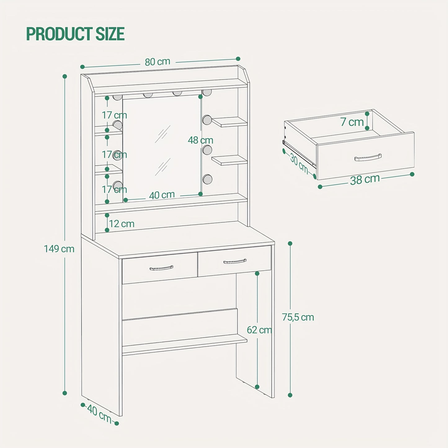 Kaptafel – Make-uptafel – Verzorgingstafel – Schminktafel – Toilettafel – Verstelbare Dimbare LED-Verlichting – Compact Formaat 40x80x149 cm – Wit