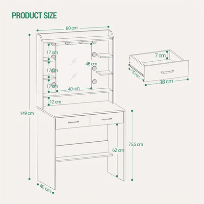 Kaptafel – Make-uptafel – Verzorgingstafel – Schminktafel – Toilettafel – Verstelbare Dimbare LED-Verlichting – Compact Formaat 40x80x149 cm – Wit