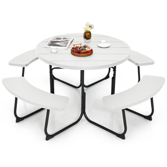 Picknicktafel – Tuinset – Terrasmeubilair – Buitenmeubel – Tuintafel Met Bankjes – Wit – 8-Persoons – Rond Met HDPE Blad En Parasolhouder