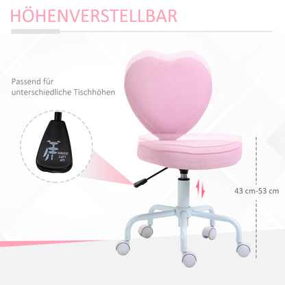 Bureaustoel – Kinderstoel – Draaistoel – Bureau Stoel – Meisjesstoel – Roze Hartvormige Rugleuning – Verstelbare Hoogte 79-89 cm – Ademende Linnen Bekleding