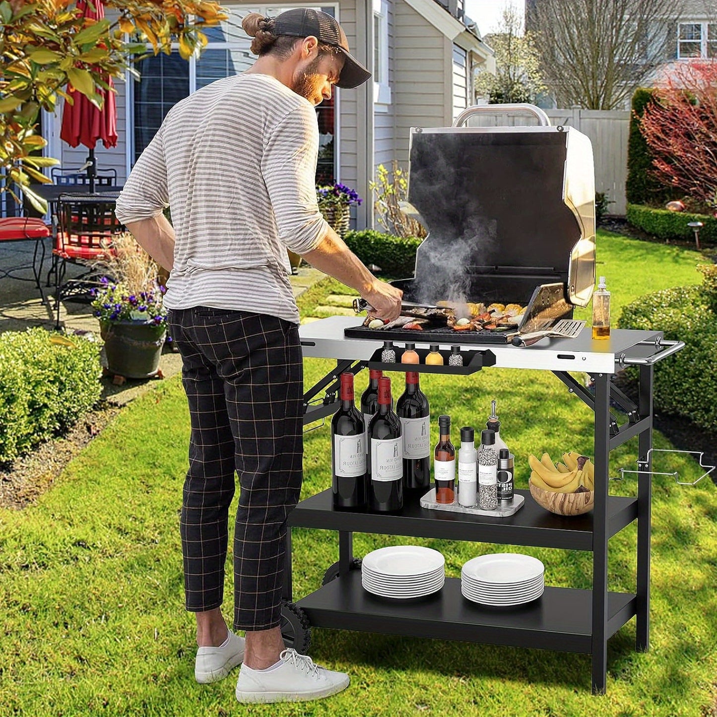 Buitenkeukentrolley – Buitenwagen – BBQ Trolley – Opbergtrolley – Werktafel – Roestvrijstaal – Inklapbaar – Verstelbare Middenplank – Met Wieltjes – 3-laags Opbergruimte