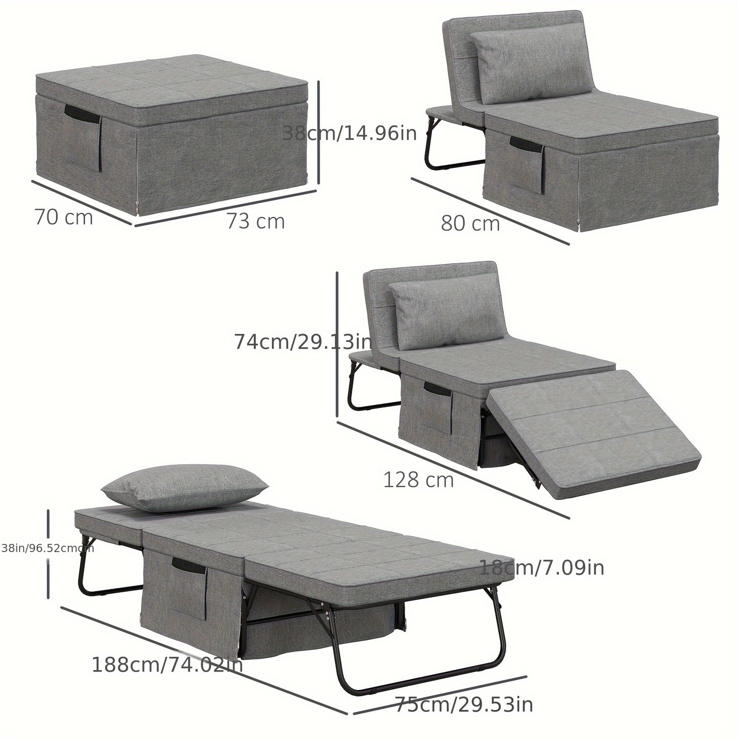 Logeerbed – Opklapbed – Slaapbank – Vouwbed – Fauteuil – 8 cm Matras – 5 Hoogtestanden Verstelbaar – 188x75x38 cm – Metaal