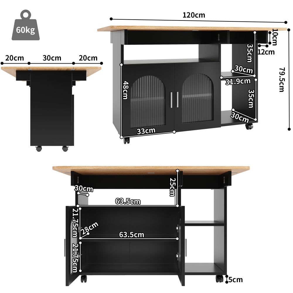 Modern Black Kitchen Island with Demountable Trolley - Heavy-Duty Metal Frame, White/Black Countertop, Multifunctional Mobile Cart, & Dining Table, Space-Saving Design for Small Kitchens, Easy Assembly (No Wood)