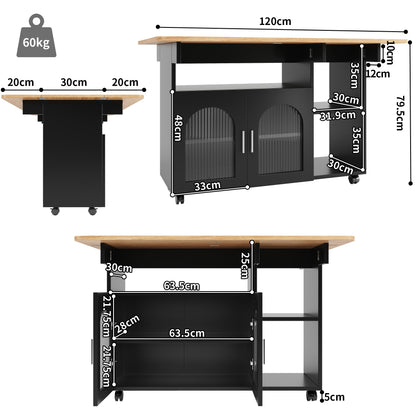 Modern Black Kitchen Island with Demountable Trolley - Heavy-Duty Metal Frame, White/Black Countertop, Multifunctional Mobile Cart, & Dining Table, Space-Saving Design for Small Kitchens, Easy Assembly (No Wood)