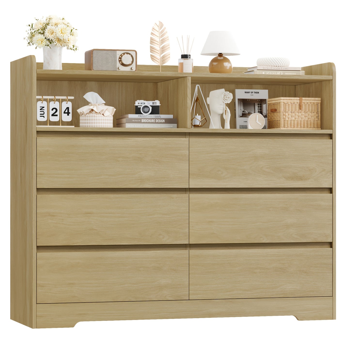Brede Ladekast – Ladekast Met Lades – Opbergkast – Dressoir – Kast Met Open Vakken – Modern Wit Design – 6 Ruime Lades Met 2 Open Vakken – Stevig Kunststof En Massief Hout