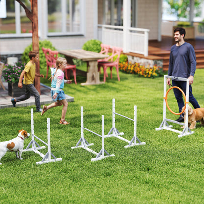 Agilityset hond – Behendigheidsset – Hondentraining – Horden – Springring – 4-delig – Verstelbare Hoogte 21-61 cm – Gemaakt van Duurzaam Grenenhout en Plastic