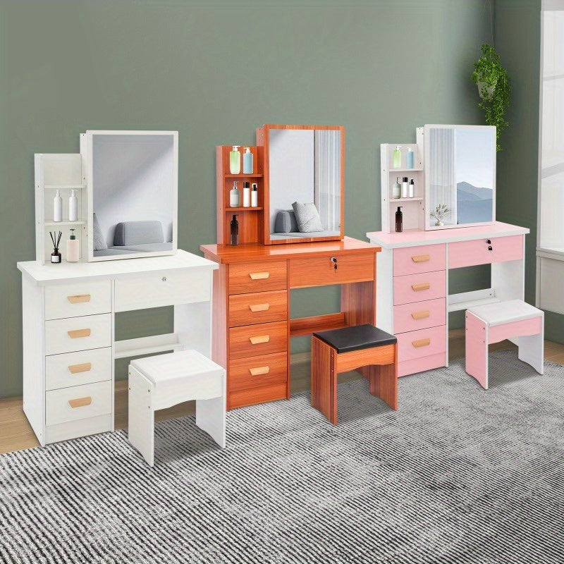 kaptafel – make-up tafel – cosmetische tafel – dressing table – toilettafel – modern roze-witte kaptafel – 5 lades & opbergruimte – stevig MDF fiberboard design