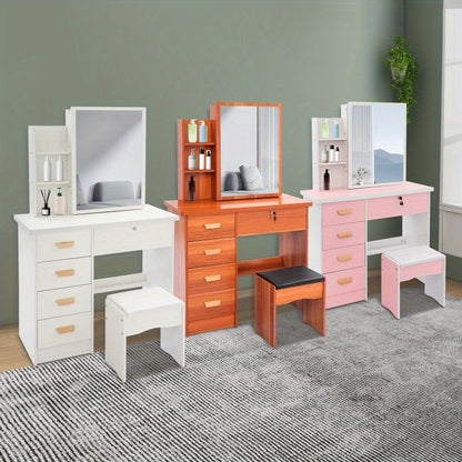kaptafel – make-up tafel – cosmetische tafel – dressing table – toilettafel – modern roze-witte kaptafel – 5 lades & opbergruimte – stevig MDF fiberboard design