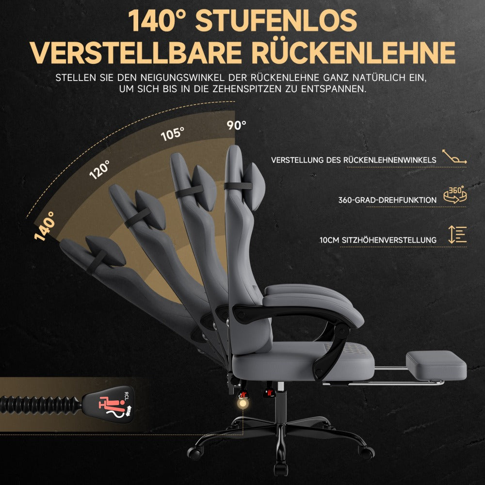 Gaming Chair in Leather with Massage Function and Footrest | Ergonomic Computer Chair for Gaming and Office Use, Supports up to 150kg, Enhances Comfort, Grey