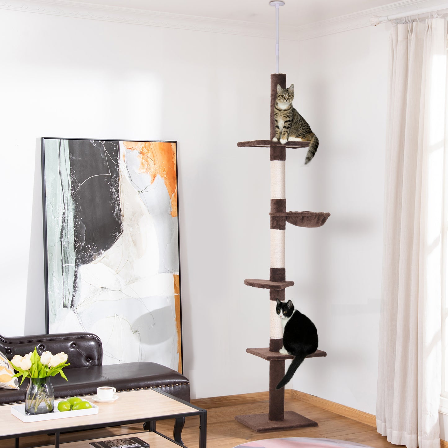 Kattenklimpaal – Krabpaal – Klimpaal – Kattenboom – Speelpaal – Bruin – Verstelbaar 230-260 cm Hoog – Sisal Krabpalen – Compact & Stevig